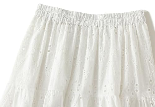 Womens Elastic Waist A-Line Skirt Hollow Embroidery Eyelet Skirts Fairy Flowy Midi Skirt Casual Loose Fit Skirts 20252