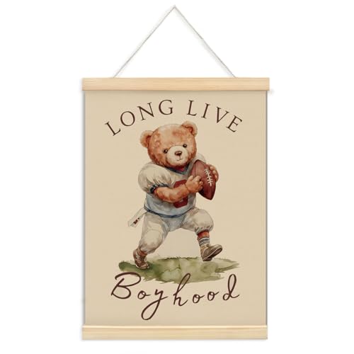Image of ShowDraven Vintage Sports Nursery Decor Framed with Wood Hanger, Long Live Boyhood Bear Nursery Decor, Sports Room Decor for Boys Kids Room Bedroom Playroom, 12x16 Inches