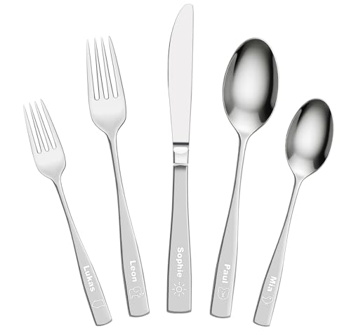 Gravurmaster Personalisiert Besteck Set für Kinder Erwachsene,5 STK Essbesteck mit Gravur,Messer Gabel Löffel Set aus Spülmaschinenfestem Edelstahl...
