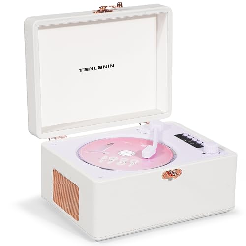 Vintage Desktop CD Player with Speakers, Rechargeable Battery, Portable Retro Suitcase CD Player for Home with Bluetooth Out & Input, USB Playback, AUX-in, Headphone Jack, White