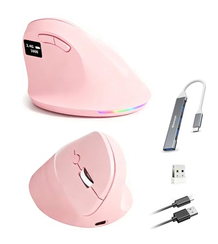 Wowssyo Ergonomique Souris Verticale avec écran, 3 Modes [Bluetooth 5.3, 2,4 GHz, Filaire], Souris sans Fil Rechargeable, 800/1200/1600/2400/4800 DPI, PC/Mac - Rose
