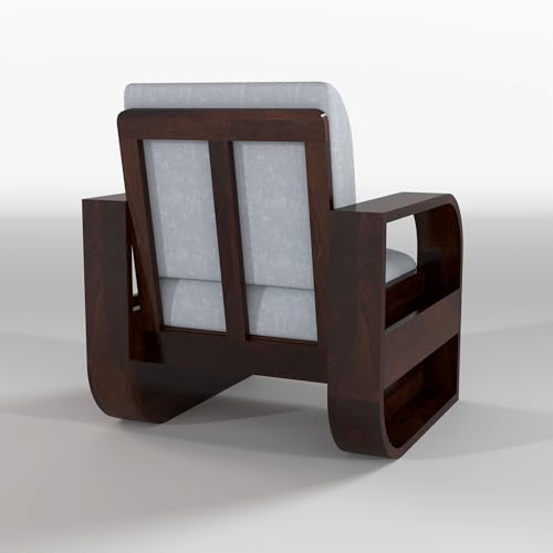 Image of Solid Sheesham Wooden 1 Seater Sofa Set with Grey Cushion for Living Room Furniture - Walnut Finish