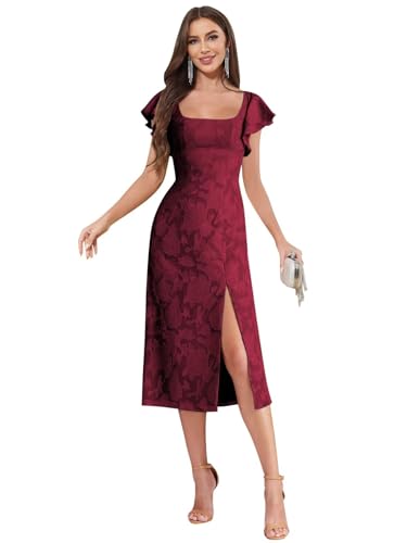 HYY Chiffon Mother of The Bride Dresses with Slit Floral Tea Length Flutter Sleeve Mermaid Formal Dress for Wedding