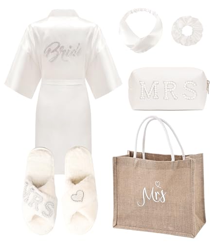 ALHAVONE 6 Pcs Women Bride Robe with Accessories for Bride Bachelorette Party Engagement Honeymoon Bridal Shower Gift (White, SM)