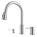 APPASO 3 Hole Kitchen Faucet, Brushed Nickel Kitchen Faucet with Soap Dispenser and Pull Down Sprayer 3 Modes, Stainless Steel High Arch Kitchen Sink Faucet with Separate Handle 3 Pieces