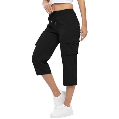 Womens Cargo Capris Casual Elastic Waist Travel Hiking Pants Lightweight Summer Wide Leg Cropped Pants with Pockets2