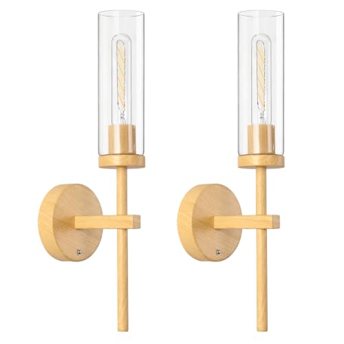 Image of Shenmoyl Battery Operated Wall Sconces Set of 2, Beech Color Rechargeable Wall Lighting Fixtures, Dimmable Wall Lights with Remote & Clear Glass Shade for Living Room, Bathroom,Bedroom