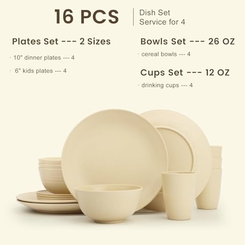 Image of Homienly Premium Wheat Straw Dinnerware Sets, Lightweight & Unbreakable Plates and Bowls Sets,Cups,Service for 4,Dishwasher and Microwave Safe 16 PCS Dish Sets for Home，Camping- Beige