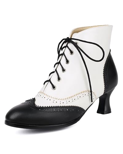 SHEMEE Women's Vintage Victorian Boots Kitten Heels Ankle Booties Lace Up Oxford Brogues Boots Wingtip Perforated Tie Up Low Mid Heel Renaissance Witch Shoes