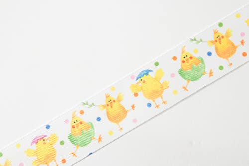 Berisfords Taffeta Easter/Spring Patterned Ribbon ‘Spring Chicks’ Multicolour on Yellow 25mm Wide 25m Reel - Image 3