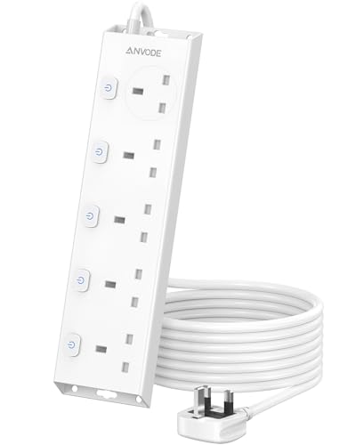 5 Way Extension Lead with Individual Switches ANVODE Plug Extension Socket Wall Mounted 2M Extension Cable Multi Plug Power Strip for Home Office Dorm