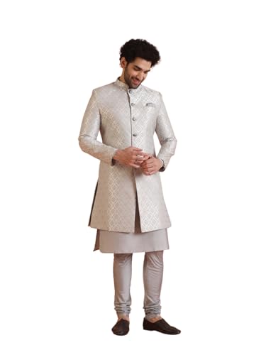 Image of KISAH Men's Silk Blend Full Sleeves Regular Fit Woven Design Blue Kurta Indo Western Sherwani Churidar Set | Traditional Wear for Men