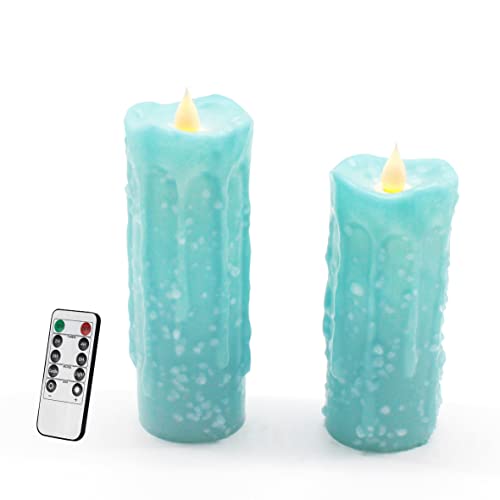 Image of CVHOMEDECO. Real Wax Hand Dipped Battery Operated LED Pillar Candles with Remote Control, Primitives Country Flickering Dancing Flame Lights Decor, H 6 & 5 Inch, Set of 2 (Teal) | Hand Dipped, Battery Operated, Flickering Dancing Flame, H 6 & 5 Inch, Primitives Country Decor