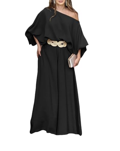 CHICME Women Summer 2 Piece Outfits Off Shoulder Lantern Sleeve Top Flowy Wide Leg Pants Set Vacation Beach Travel Outfits Black-XL