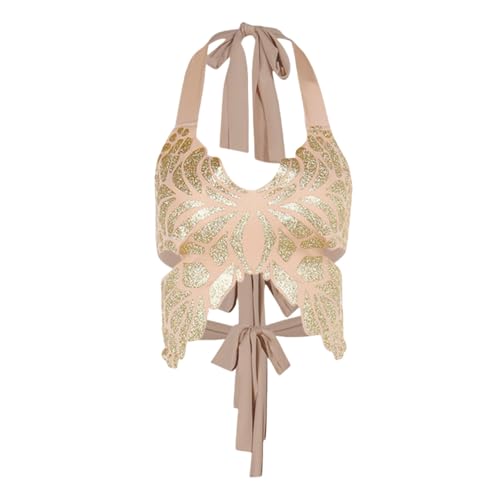 JUMISEE Women's Gold Glitter Butterfly Crop Top Sexy Lace Up Backless Cami Tank Top for Rave Festival Clubwear