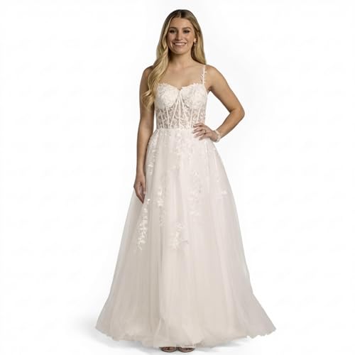 Davids Bridal Lace Applique and Tulle Illusion Corset Ball Gown Womens Size 16W Soft White