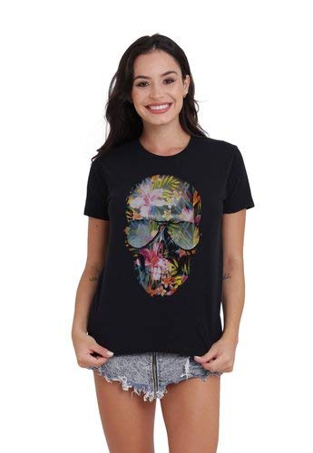 CAMISETA FEMININA BÁSICA ESTAMPADA JOSS - CAVEIRA FLORES COLORIDAS PRETO (M)