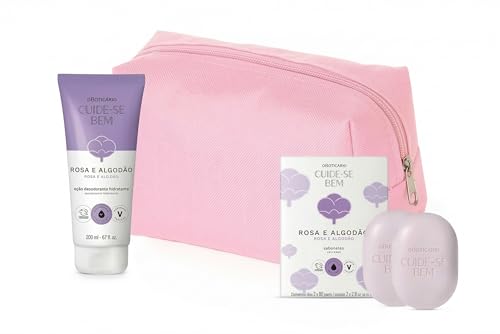Kit Cuide-se Bem Rosa e Algodão: Necessaire Estilosa (Cores Variadas Rosa Claro , Roxo , Azul Escuro , Sem Opção de Escolha da Cor) + 2 Sabonetes em Barra +Loção Hidratante Corporal 200ml