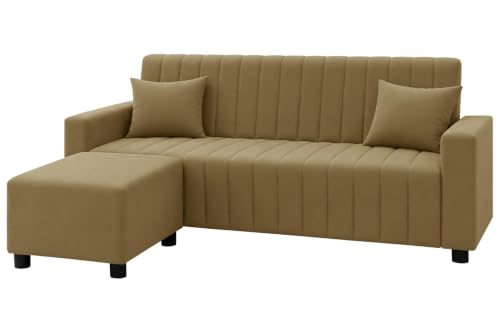 Image of Rosebell Three Seater Sofa with Ottoman | Living Room Couch | with Cushions | Sofa for Home, Apartment & Office-Golden
