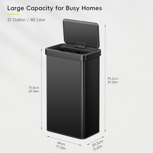 Image of EKO Nova Sensor Trash Can or Recycling Bin, 21 Gallon /80 Liter Stainless Steel Rectangular Touchless Motion Sensor Trash Can, Matte Black