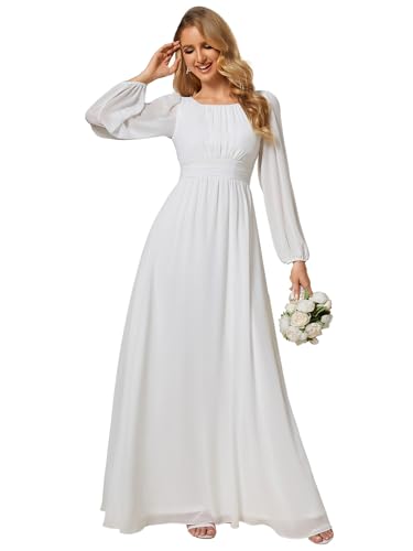 Ever-Pretty Robes de Demoiselle d'honneur Col Ronde Manches Longues Mousseline Maxi Robe évasée Blanc 40
