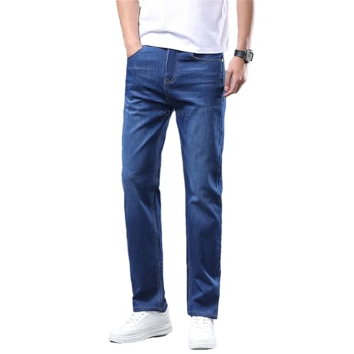 Men Jeans Cotton Business Classic Slim Denim Pants Work Light Blue Trousers Dark Blue 36