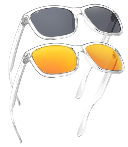 Image of 2 Pack Polarized Sunglasses for Women and Men, Fishing Driving Sun Glasses UV Glare Protection RFS8201 (Clear Frame Black Lens + Clear Frame Mirrored Orange Lens)
