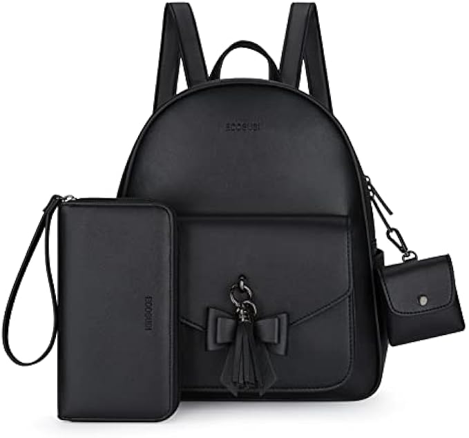 ECOSUSI Women Backpack Purse Water Resistant PU Leather Backpack Fashion Rucksack Ladies College Daypack with Tassel,3 Pcs