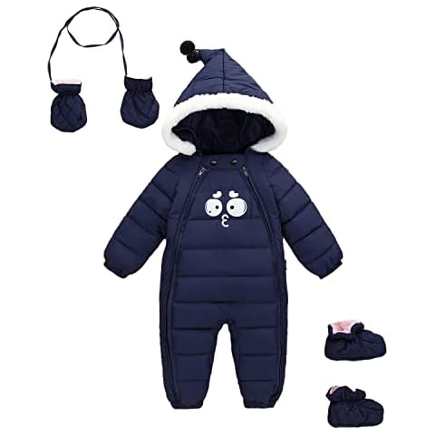 Baby Boys Snowsuit Winter Rompers Hooded Jacket Warm Snowsuits Winter Coat Fur Trimmed Outfits 9-12 Months Cover
