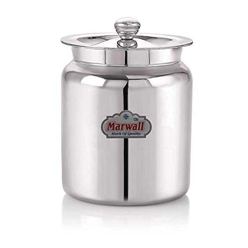 Image of Stainless Steel Glossy Finish Oil Ghee Dani Barni Dabba Dibba Storage Jar Serving Container Pot with Lid for Home Kitchen Mandir (1.5 Litre)