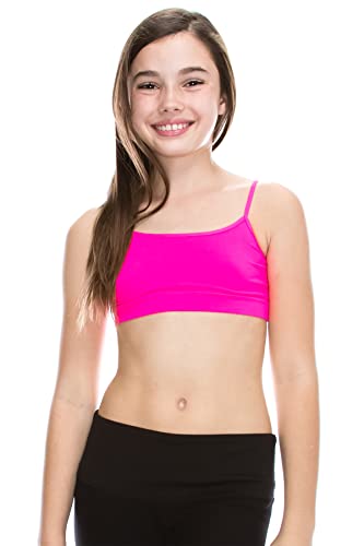 Kurve Girl’s Training Sports Bra – Seamless Bralette Kids Crop Cami Tank Top UV Protective Fabric UPF 50+ Made in USA, Neon Fuschia, Age 9-14
