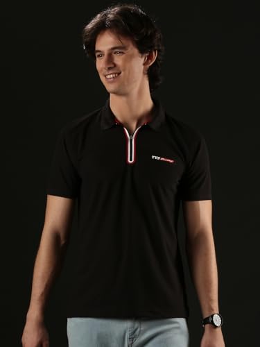 Image of TVS Originals Racing Men's Polo T-Shirt | 100% Polyester | Quick-Dry | Antimicrobial Finish | Zipper Placket | Reflective Branding | Lightweight Activewear | 200 GSM | Regular Fit