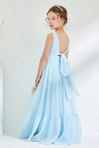 Stylefun Chiffon Flower Girl Dresses V Neck Junior Bridesmaid Dress A Line Tiered First Communion Dress with Bow CYM3272