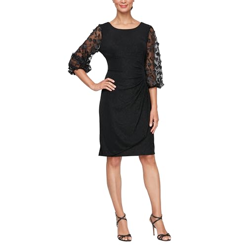 Alex Evenings Women's Short Sheath Metallic Cocktail Dress W/Embellished Sleeves & Cascade Ruffle (Petite and Regular Sizes)