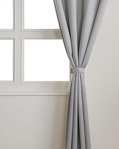 Image of The Home Story Pearl Grey Blackout Eyelet Long Door Curtains Set of 2, (9 Feet) 54 x 108 Inches, Room Darkening & Noise Reduction Curtains with Tiebacks
