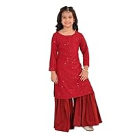 VASTRAMAY Girls Kurta & Sharara Set | Embroidered Cotton Blend Made with Three Quarter Above Knee Sleeve, Kurta with Solid Sharara, brown, 7-8 Y