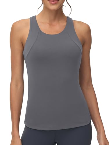 High Neck Workout Tank Tops Sports Bras for Women Full Coverage Tank with Built-in Shelf Bras Racerback Yoga Gym Shirt