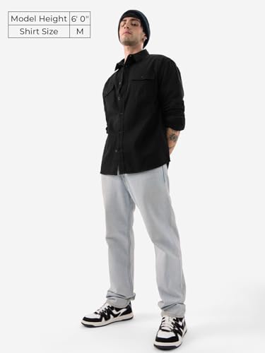 Image of The Souled Store Solids: Mystic Black Men and Boys Long Sleeve Collared Neck Button Front Solid Regular Fit Cotton Utility Shirts