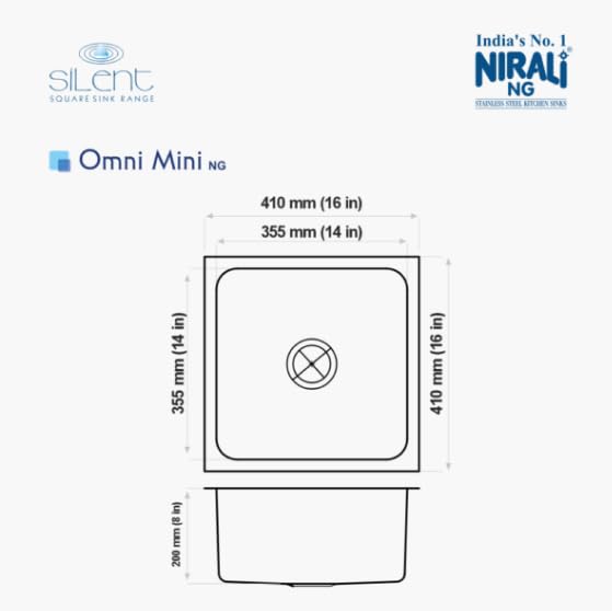 Image of NIRALI Kitchen Sink 16 x 16 Inch Omni 304 Heavy Duty Stainless Steel | Single bowl Sink Round Coupling | Rust & Stain Resistant | Minimizes Sound (Glossy, 16 inch x 16 inch x 8 inch)