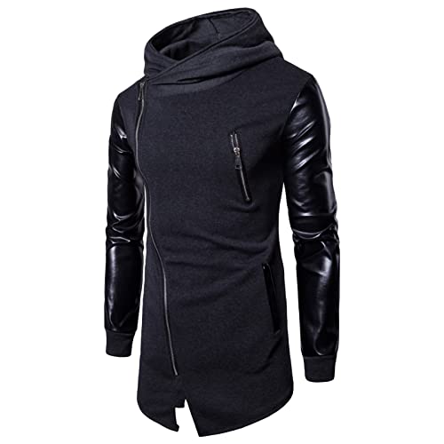 Maiyifu-GJ Men's Asymmetric Zip Irregular Hoodie Faux Leather Motorcycle Hooded Jacket Vintage PU Leather Biker Hoodies Coat (Dark Grey,X-Large)