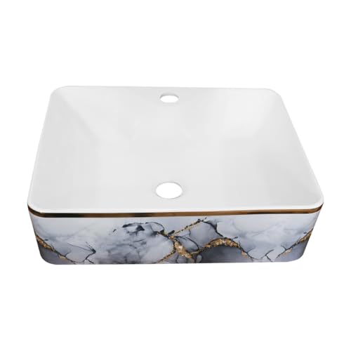 La Mejor Recopilación de Lavabos con borde del mes. 41 LAVABO RECTANGULAR DE SOBREPONER CON ACABADO MARMOLEADO NEGRO CON BORDE DORADO 48 CM, DNQ-LAV-551SH