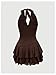 RoseSeek Women's Halter Cowgirl Vintage Mini Dress Embroidery Tie Back Sleeveless Ruched Tiered Layer A Line Dresses Brown Medium