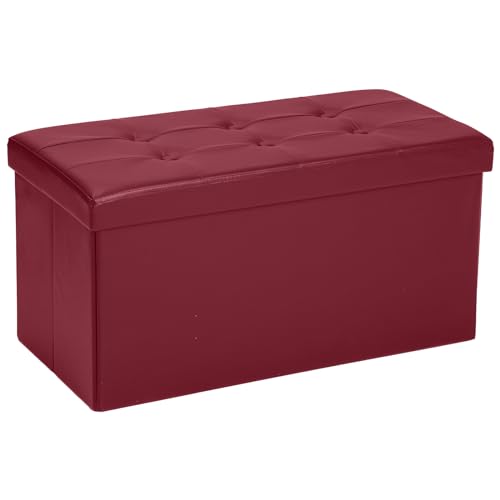 COSYLAND-Ottoman-Bench-with-Storage-30x15x15in-Folding-Leather-Ottoman-Rectangle-Foot-Stool-Foldable-Storage-Chest-Ottoman-Footrest-Footstool-Collapsible-with-Lid-for-Bedroom-Living-Room-Burgundy COSYLAND Ottoman Bench with Storage 30x15x15in Folding Leather Ottoman Rectangle Foot Stool Foldable Storage Chest Ottoman Footrest Footstool Collapsible with Lid for Bedroom Living Room Burgundy