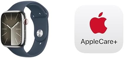 Apple Watch Series 9 [GPS + Cellular 45mm] Smartwatch with Silver Stainless Steel Case with Storm Blue Sport Band M/L. Fitness Tracker, ECG Apps, Always-On Retina Display with AppleCare+ (2 Years)