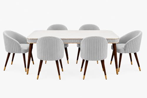Image of WOODEN SPACE 6-Seater Wooden Dining Table Set | Nano Composite Marble Top | Solid Wood Base | Modern Dining Room Furniture with 6 Chairs (Light Grey MJ Backline)