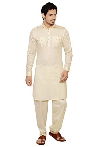 Image of WHITE-ZONE Men's Pathani Suit Set (44, Cream Satin)