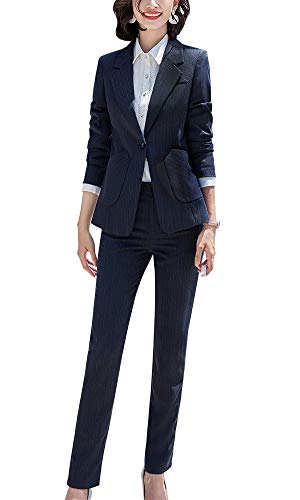 SUSIELADY Women's Two Piece Stripe Blazer Pantsuit One Button Work Suits for Women Business Blazer Jacket and Pant Suit