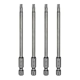 QUARKZMAN 4 Stück T20 Torx Kopf Schraubendreher Bit 1/4" Sechskant Schaft 4" (100mm) Lang Magnetisch Ohne Loch Spitze Manipulationssicher 6 Punkt Stern S2 Stahl Industrielle