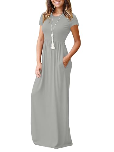Image of DEARCASE Maxi Dress for Women Short Sleeve Casual Summer Loose Plain Comfy Long Dresses with Pockets