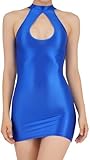 Womens Shiny Metallic Sleeveless Mini Dress Glossy Oil Silky See Through Dress for Nightclub Party Blue S